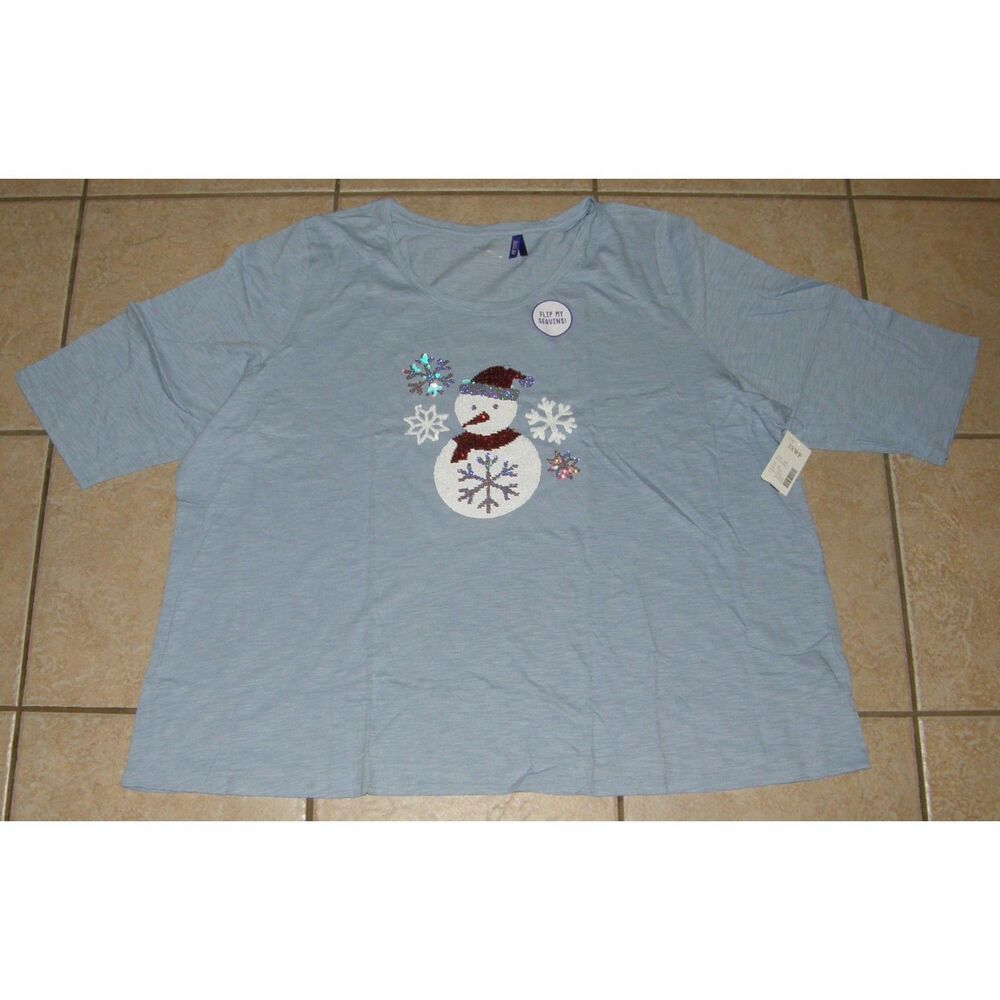 NEW Blue Plus Sz 3X (26/28) Petite Sequins Snowman Stretchy Tee Shirt CATHERINES